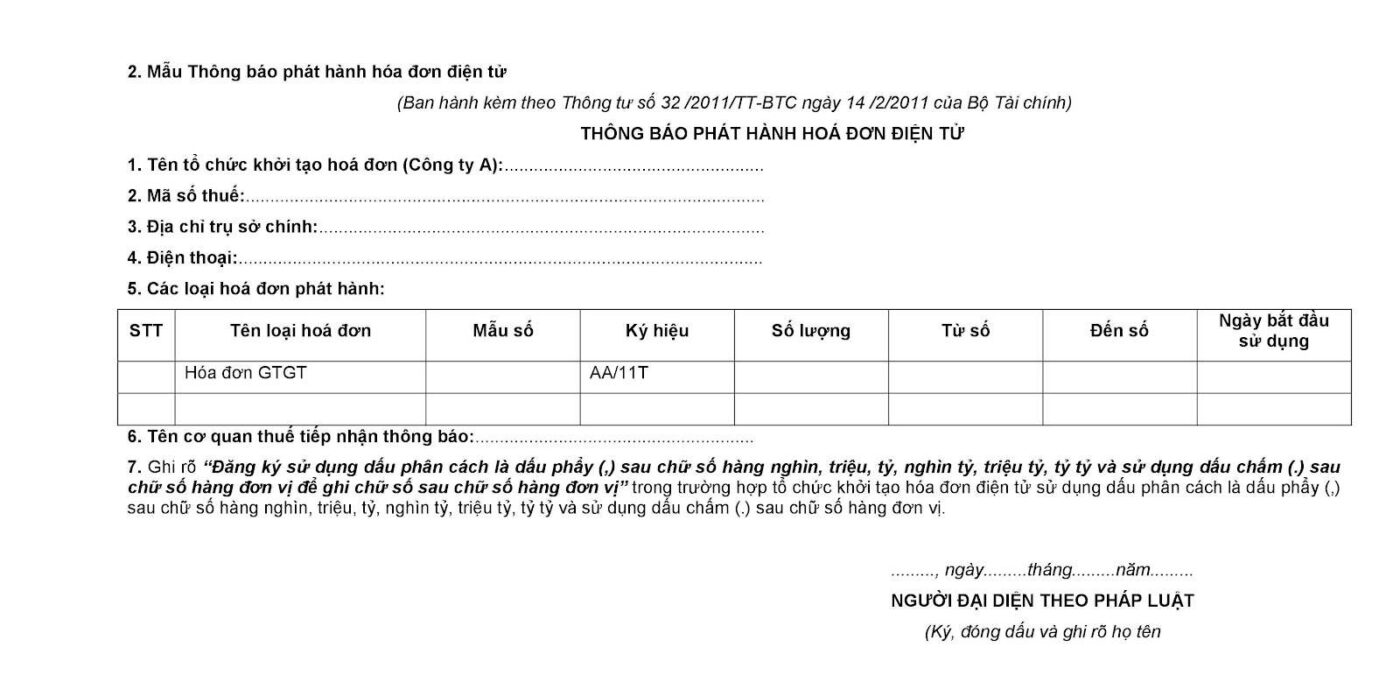 Thông báo phát hành hoá đơn điện tử